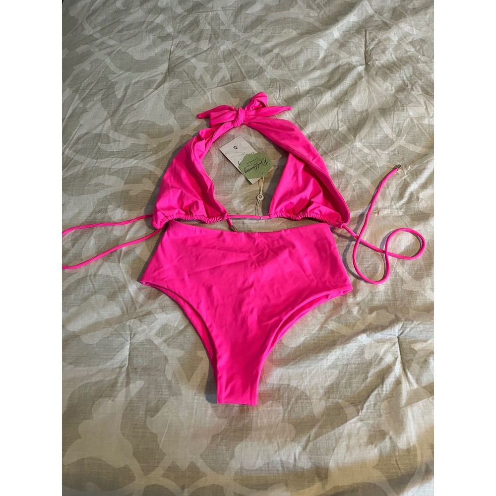 Buffbunny Collection Pink Bikini Set High Waist V-Cut Bottom tie Top Small